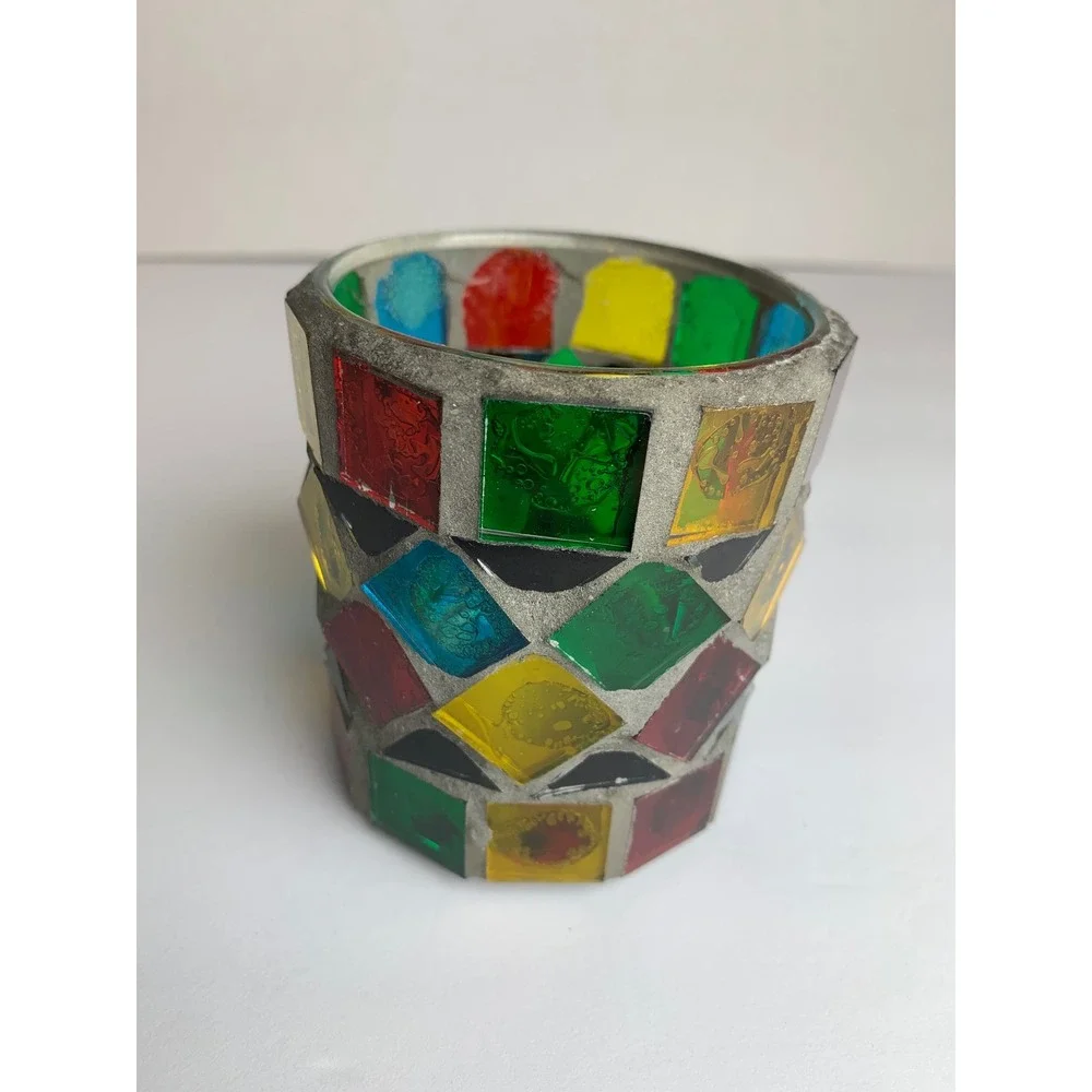 Vintage Mosaic Stained Glass Votive Candle Holder Multicolor‎ Geometric Boho